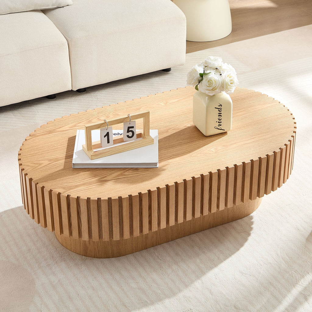 Modern Handcrafted Drum Coffee Table 43.7 Inch Oval Ash Veneer