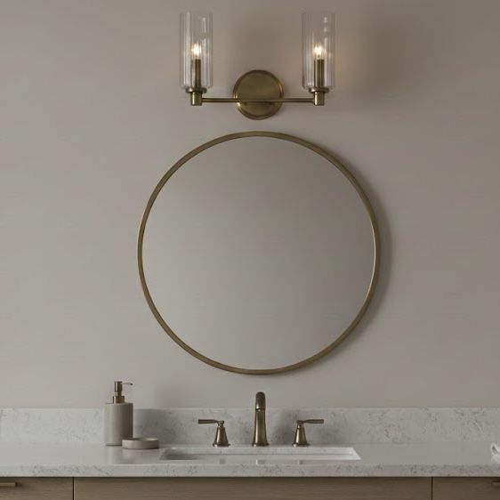 Regal Double Light Vanity In Antique Brass With Clear Ribbed Satin
