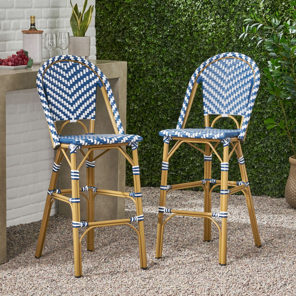 Aurelia Durable Rattan French Barstool Set Navy Blue