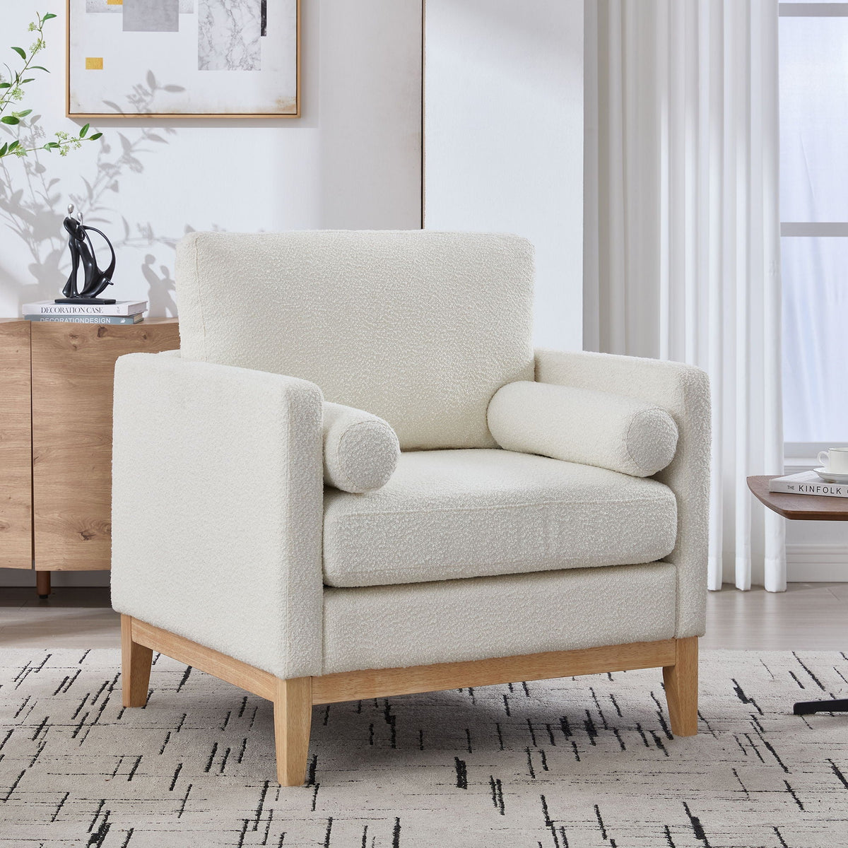 Aura Wide Modern Accent Chair With Natural Wood Legs