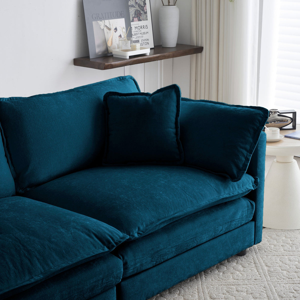 Accent Chair Set of 2, Blue Chenille Upholstered Armchairs