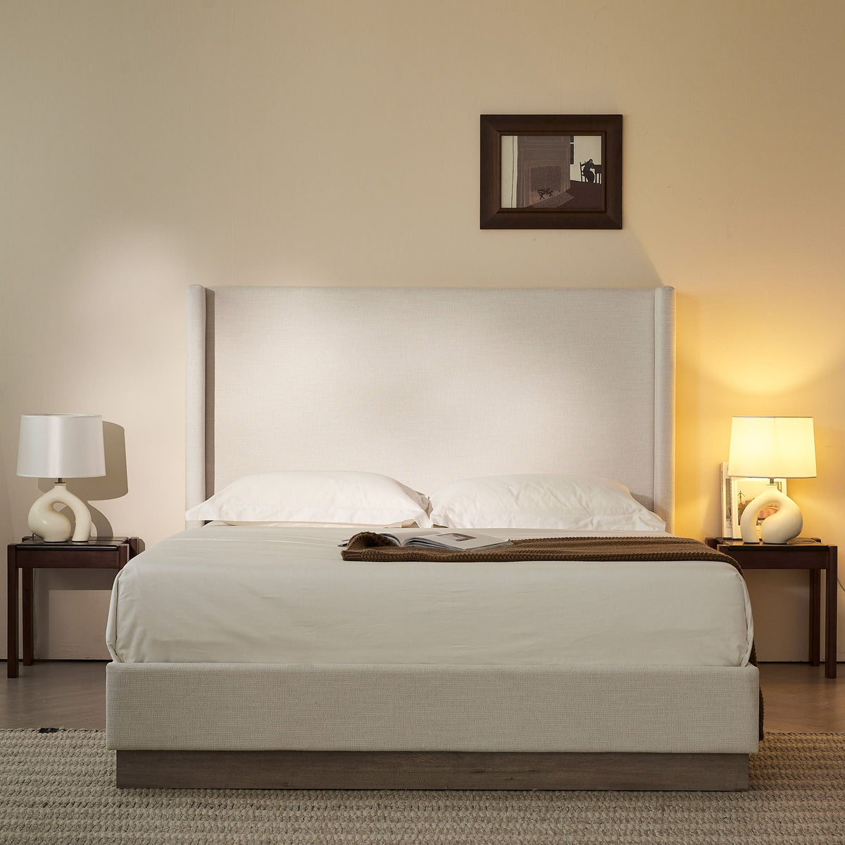 Hosford Minimalist Upholstered Wingback Bed With Rustic Wood Base