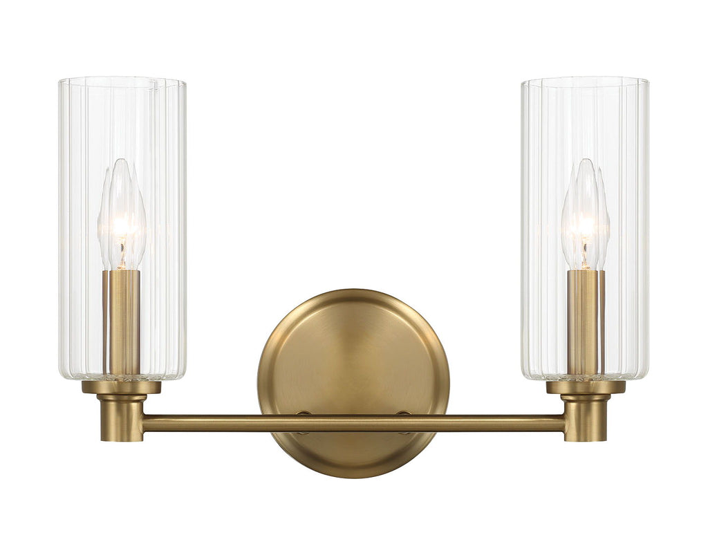 Regal Double Light Vanity In Antique Brass With Clear Ribbed Satin