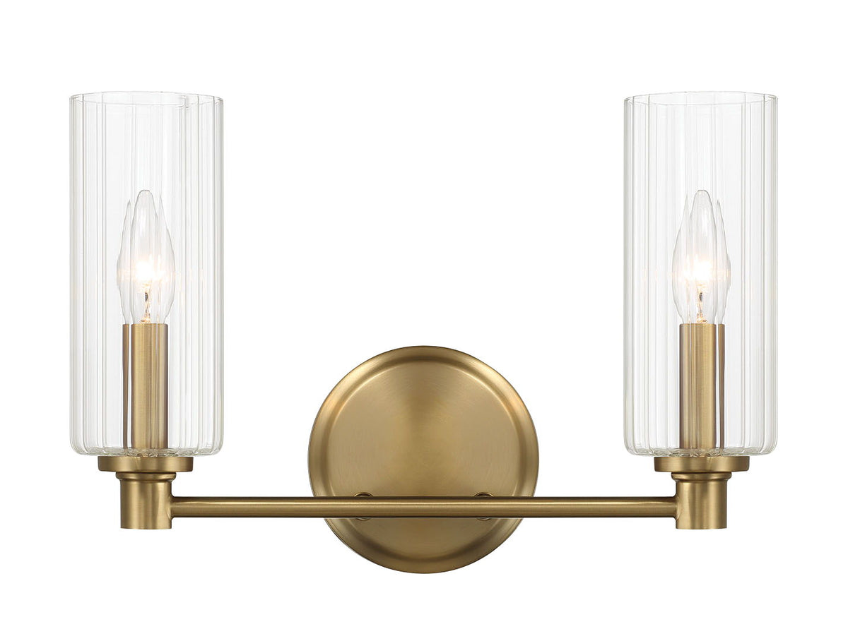 Regal Double Light Vanity In Antique Brass With Clear Ribbed Satin