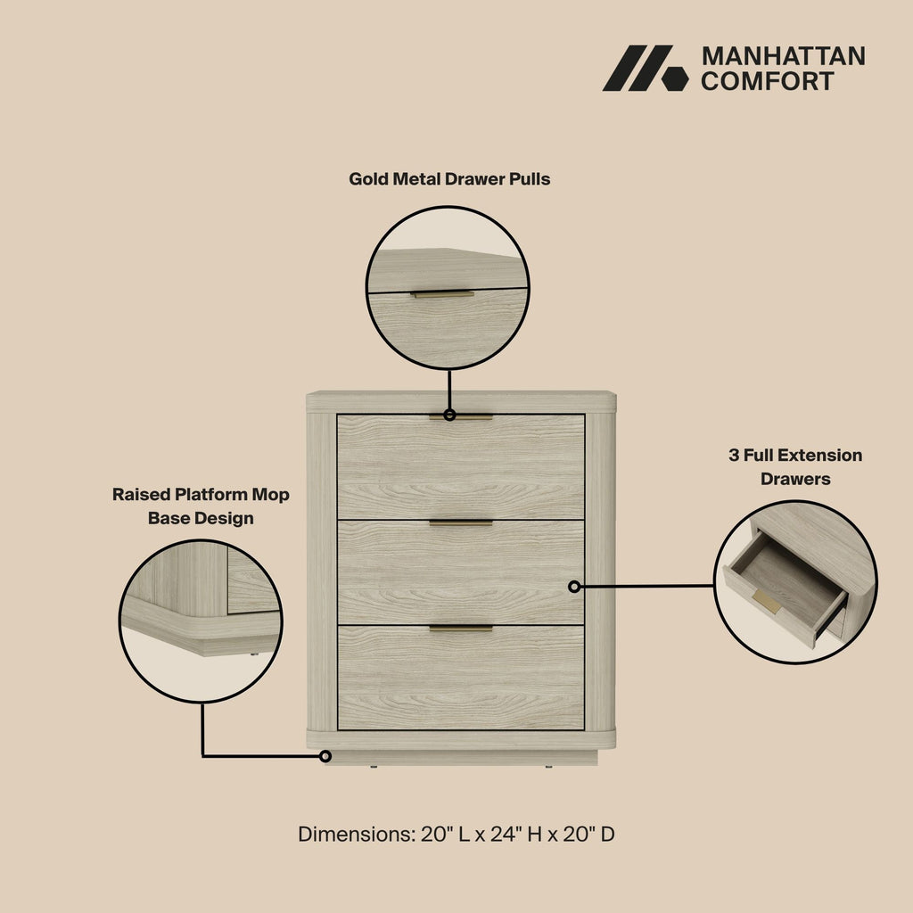 Evelyn - Nightstand With 3 Drawers, Smooth Rounded Edges