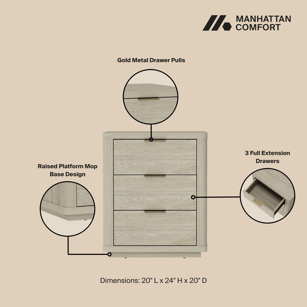 Evelyn - Nightstand With 3 Drawers, Smooth Rounded Edges