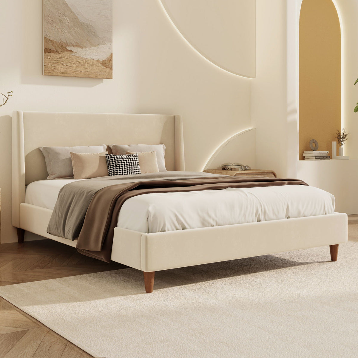 Luna Wingback Platform Bed With Elegant Custom Upholstery