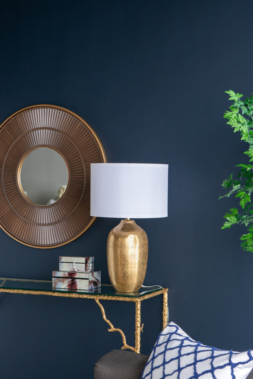 Velura Gold Aluminum Table Lamp With White Fabric Drum Shade