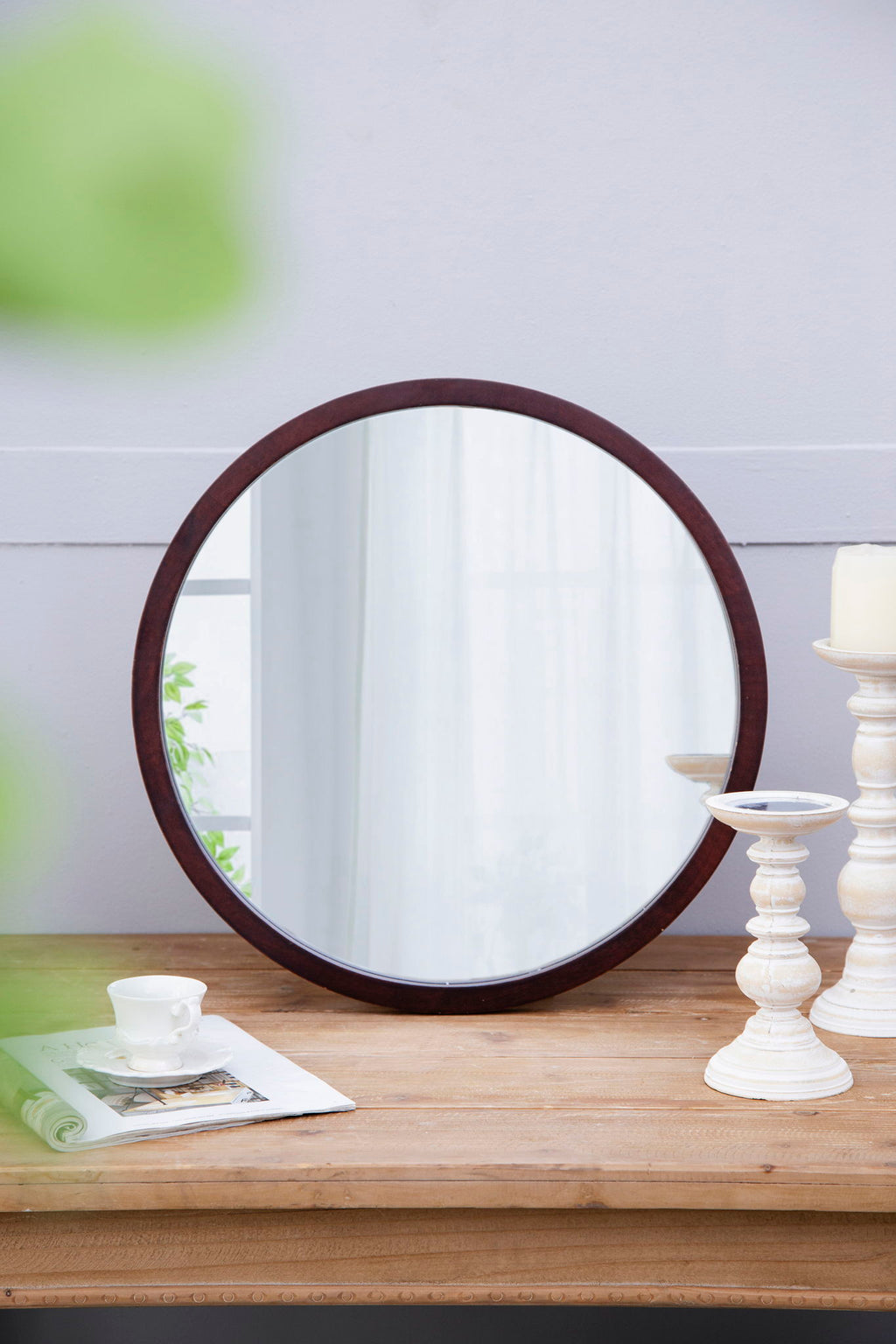 NobleFrame Dark Brown Round Wall Mirror Elegant Wood Frame