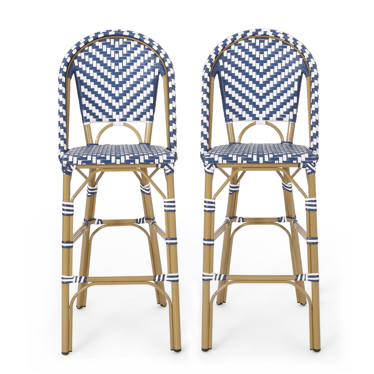Aurelia Durable Rattan French Barstool Set Navy Blue