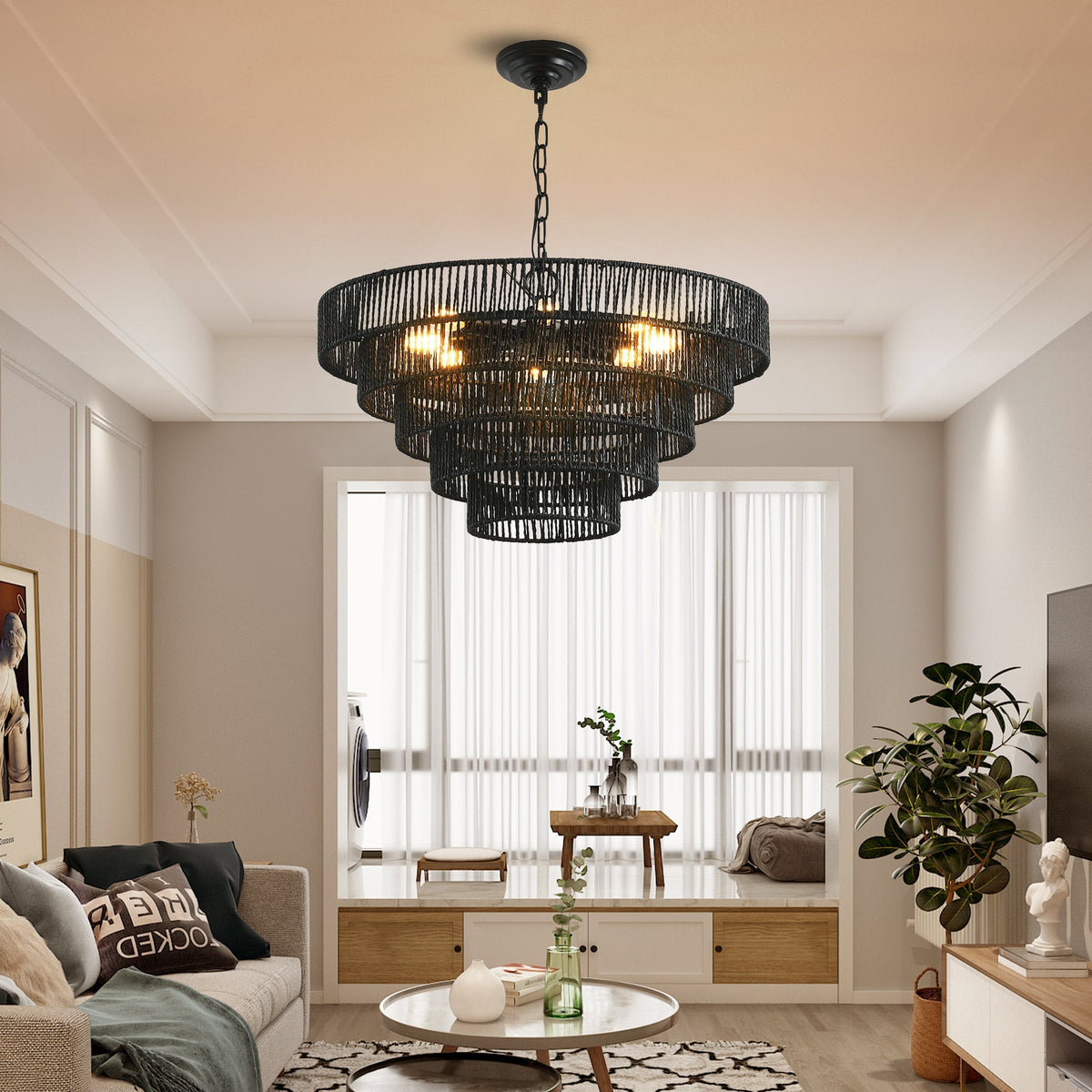 TerraCraft 24 Inch Five Tier Handwoven Hemp Rope Chandelier