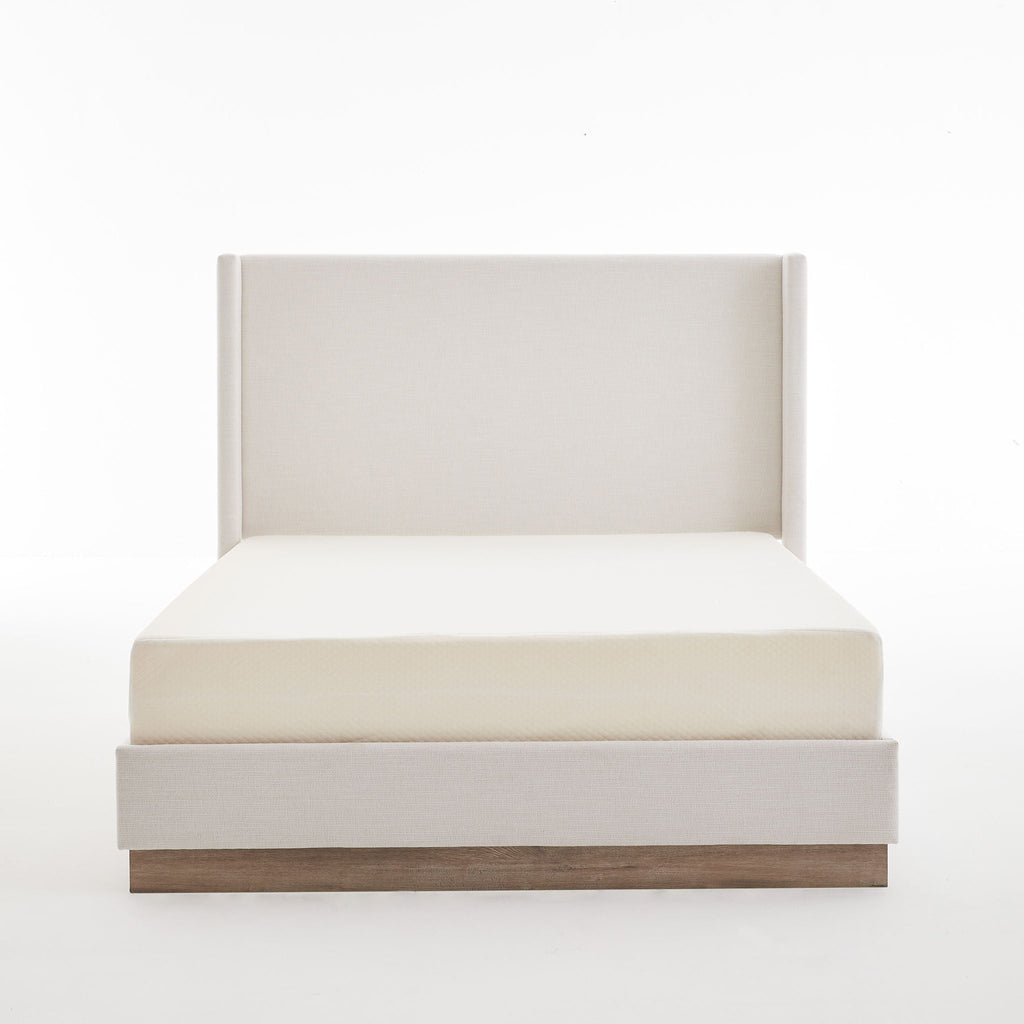Hosford Minimalist Upholstered Wingback Bed With Rustic Wood Base