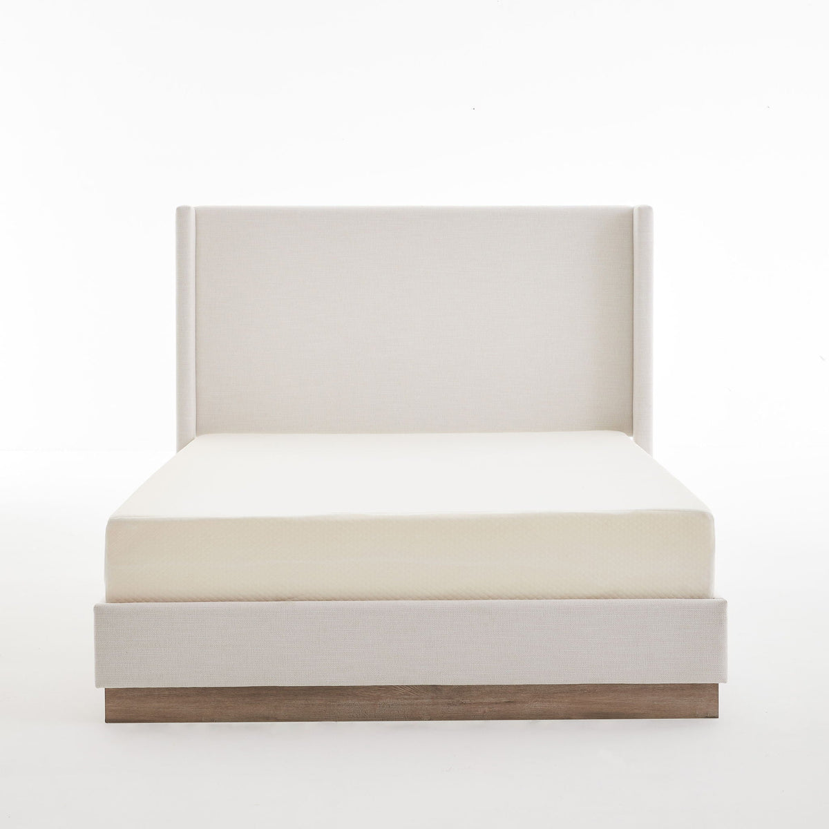 Hosford Minimalist Upholstered Wingback Bed With Rustic Wood Base