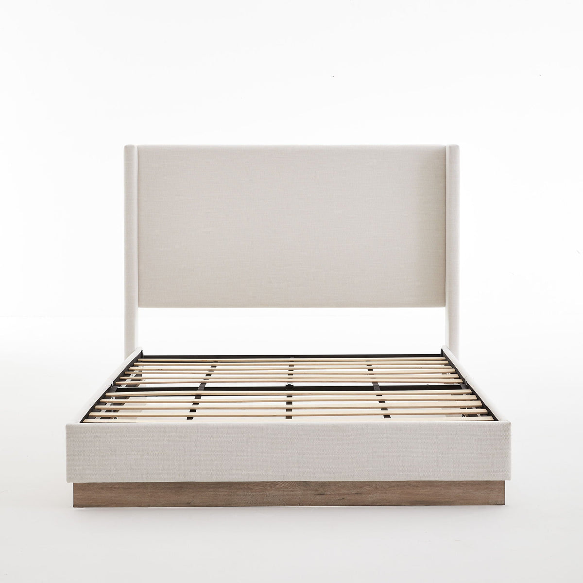 Hosford Minimalist Upholstered Wingback Bed With Rustic Wood Base