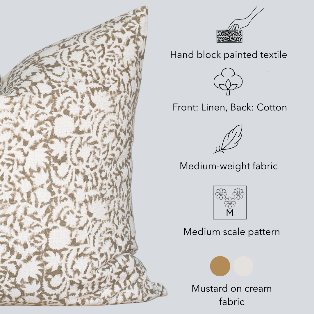 Curated Mustard Floral Block Printed Cotton Pillow Cover
