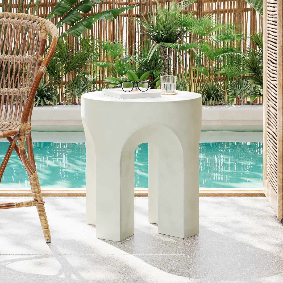 AriaLiving Antique White Lightweight Concrete Round Side Table