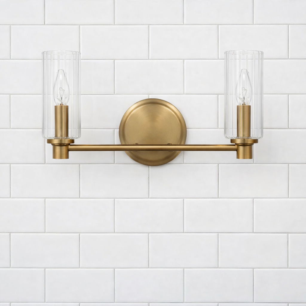 Regal Double Light Vanity In Antique Brass With Clear Ribbed Satin