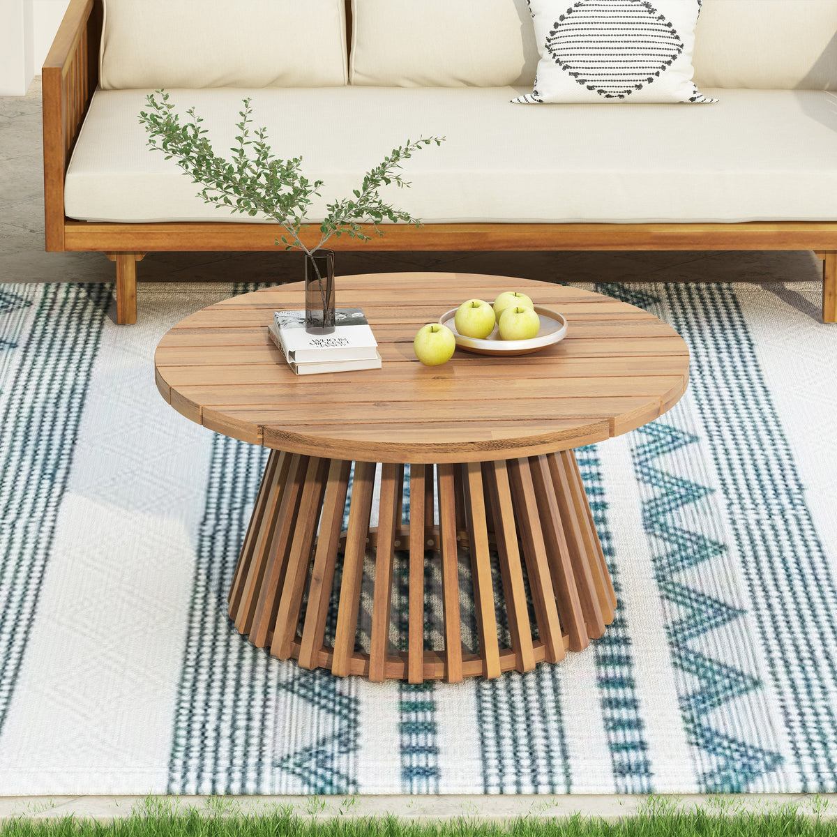 Aura Acacia Wood Patio Coffee Table With Layered Base