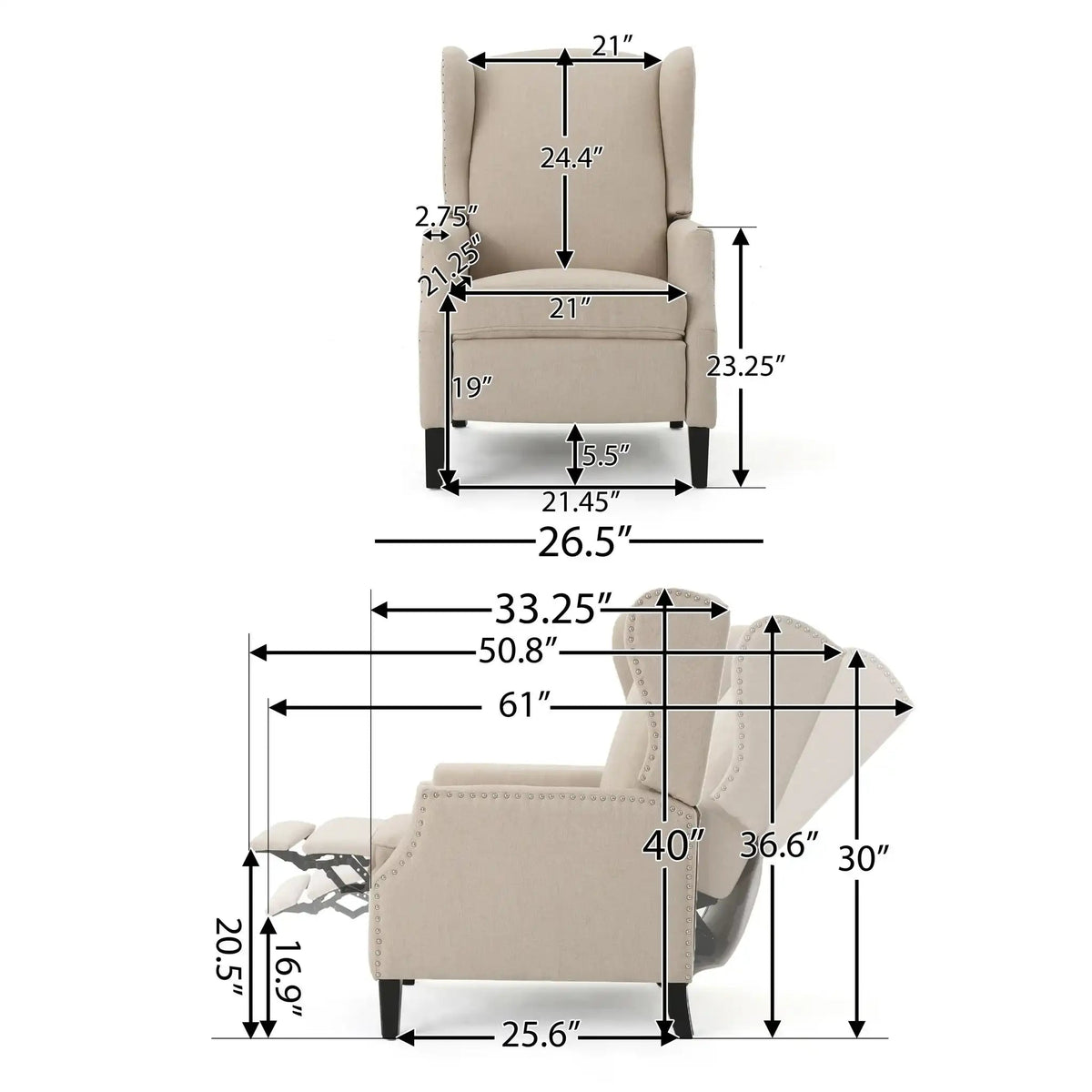 Westeros Elegant Wing Back Fabric Upholstered Recliner