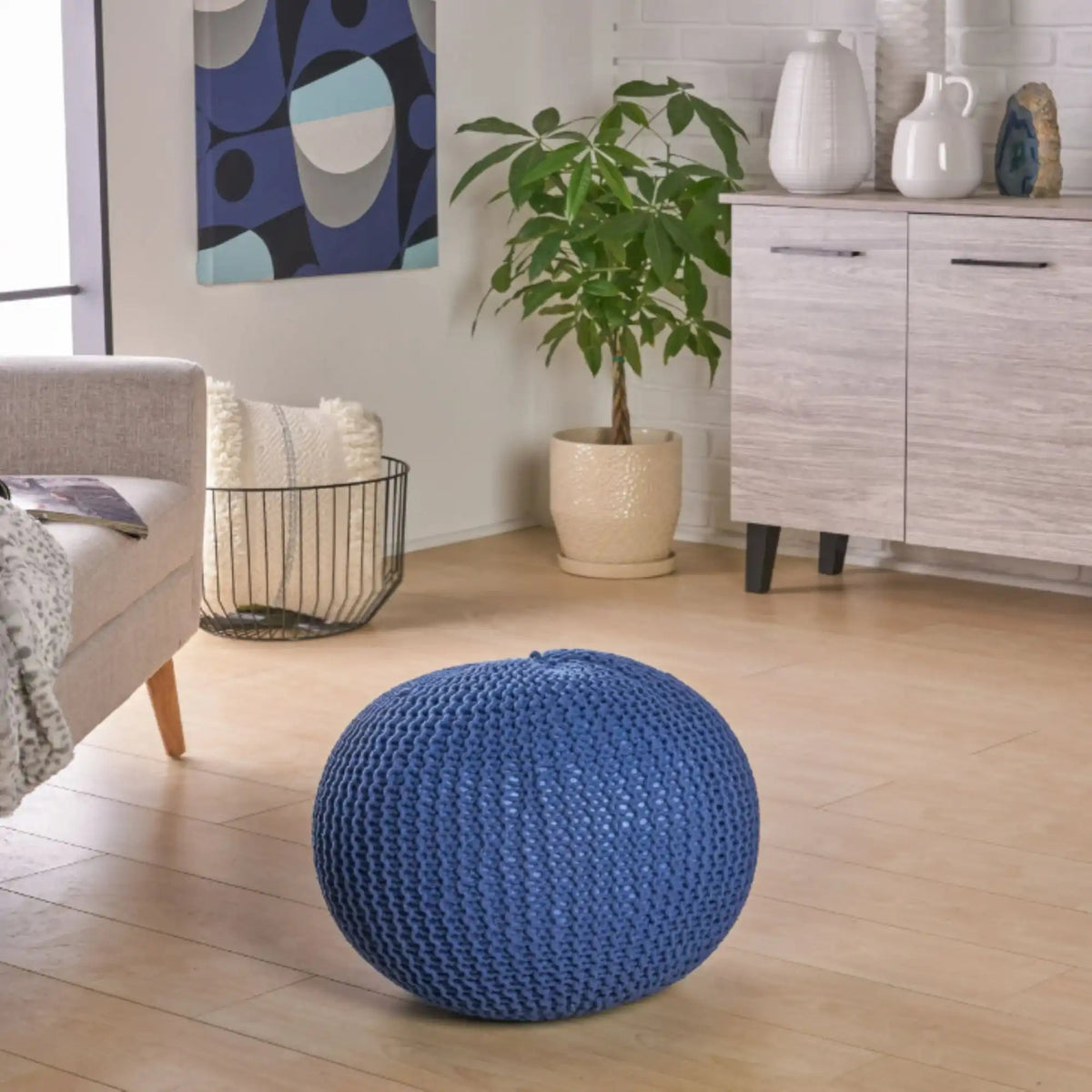 Savona Versatile Knitted Cotton Bordeaux Round Pouf