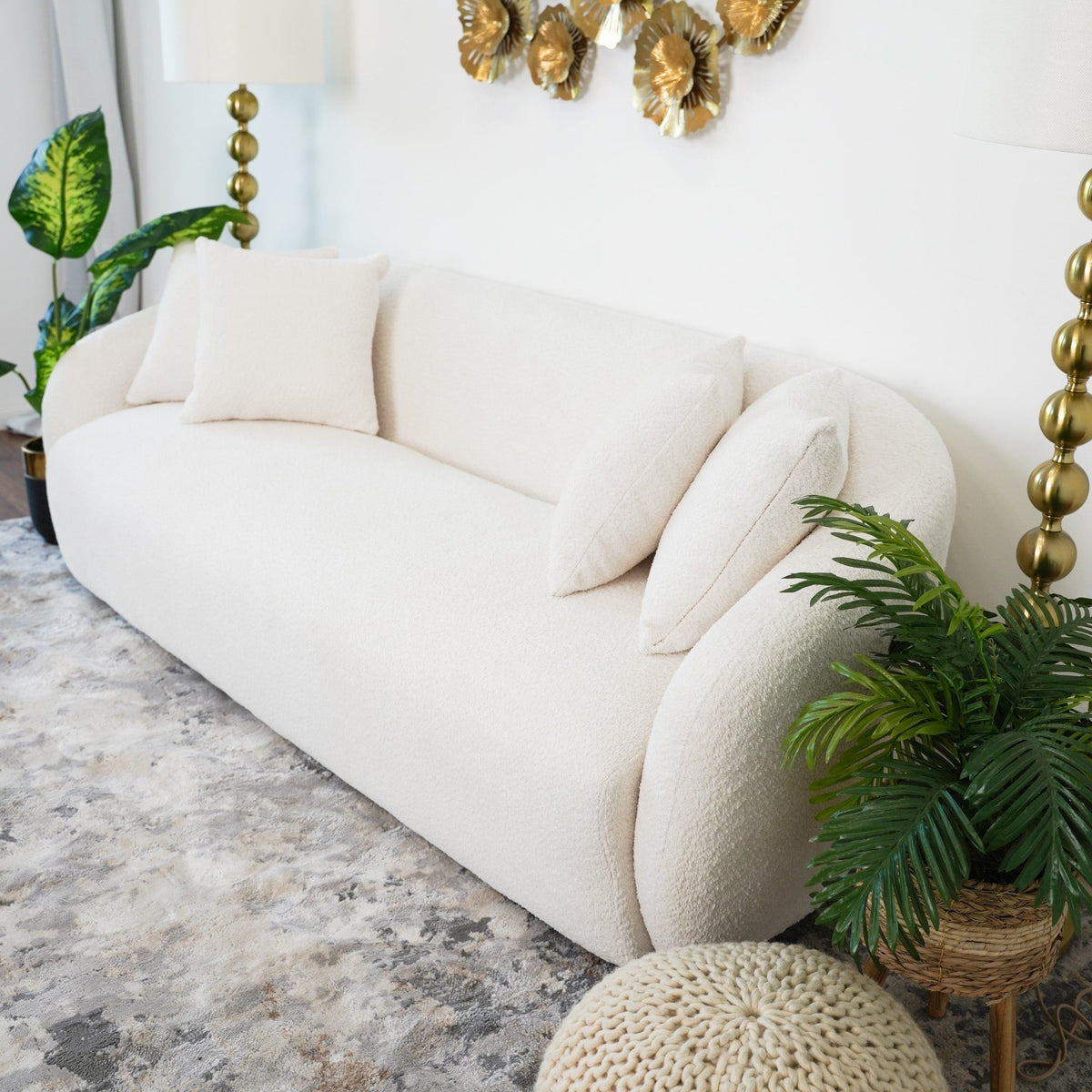Linden Premium Mid Century Sofa Ivory Boucle Fabric