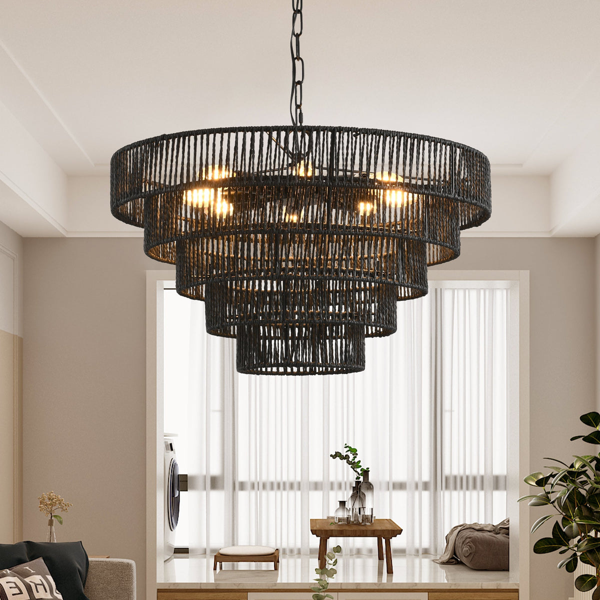 TerraCraft 24 Inch Five Tier Handwoven Hemp Rope Chandelier
