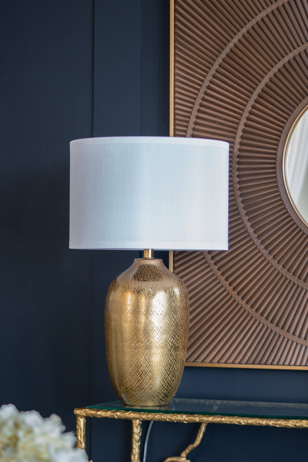 Velura Gold Aluminum Table Lamp With White Fabric Drum Shade