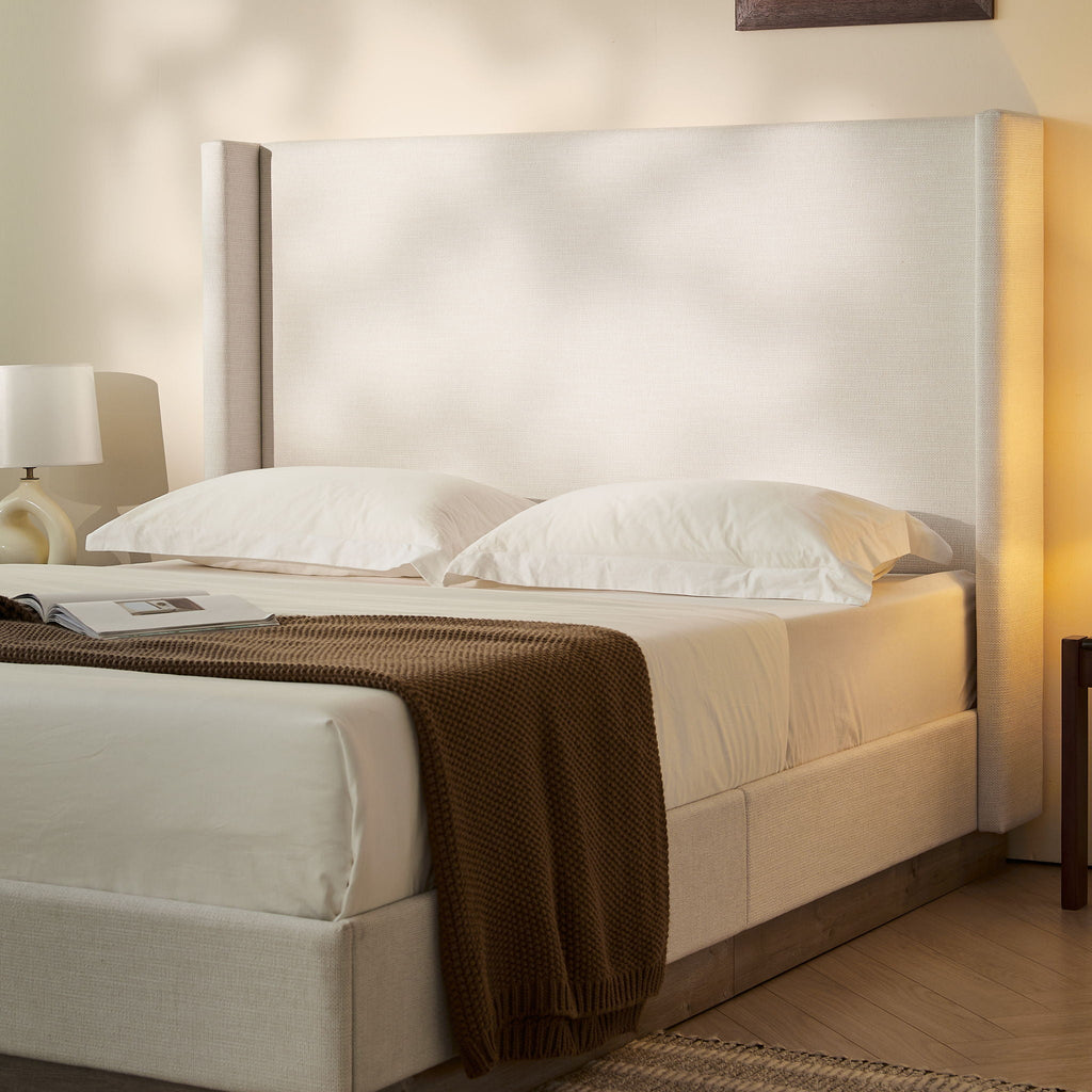 Hosford Minimalist Upholstered Wingback Bed With Rustic Wood Base