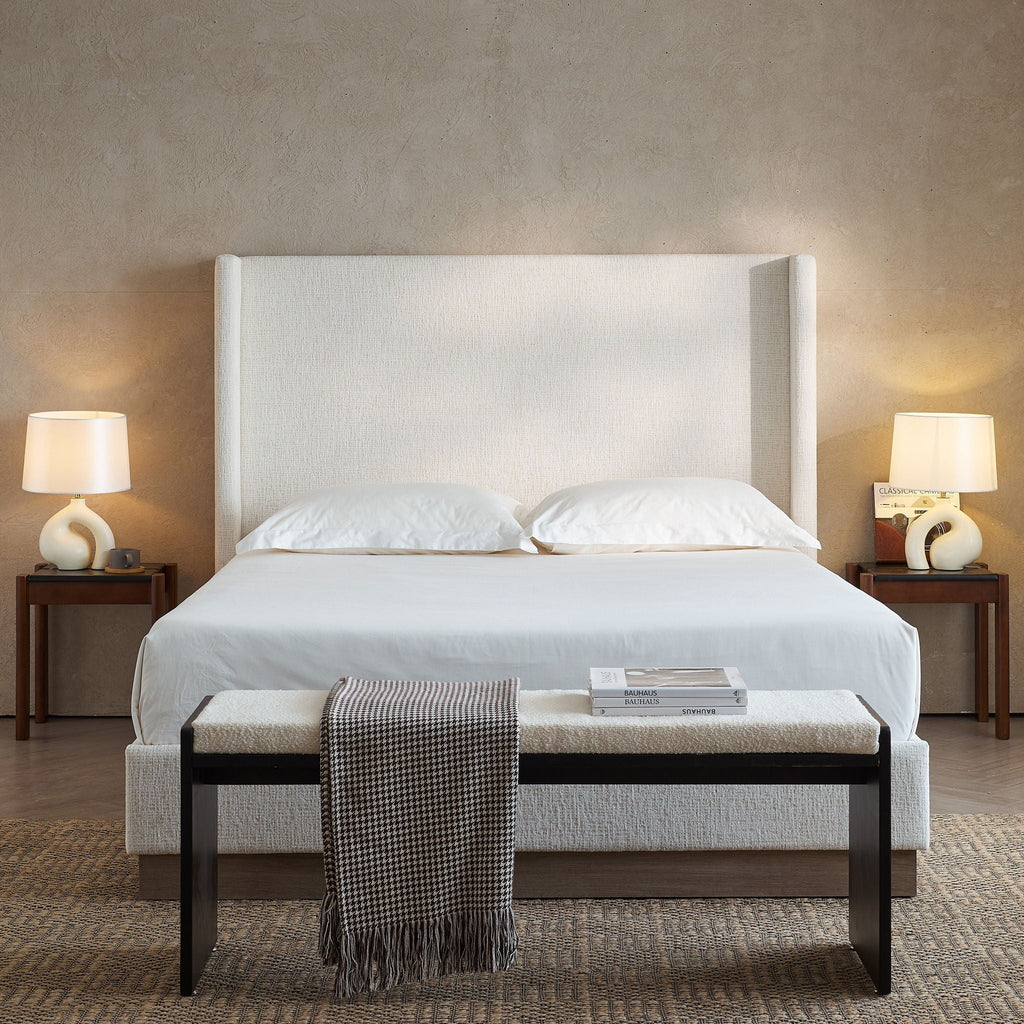 Hosford Minimalist Upholstered Wingback Bed With Rustic Wood Base
