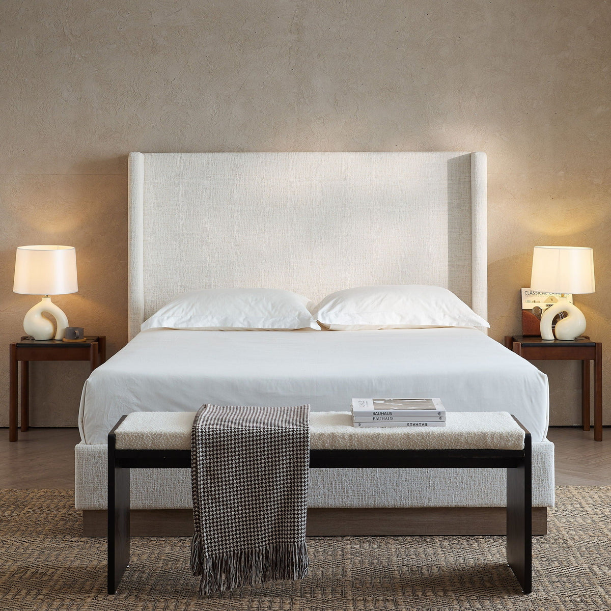 Hosford Minimalist Upholstered Wingback Bed With Rustic Wood Base