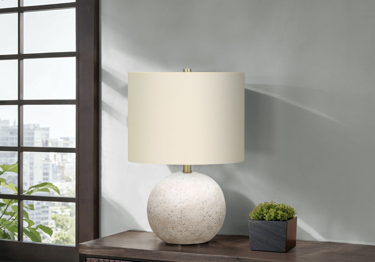 Modern Sphere Table Lamp With Textured Concrete Base And Drum Shade
