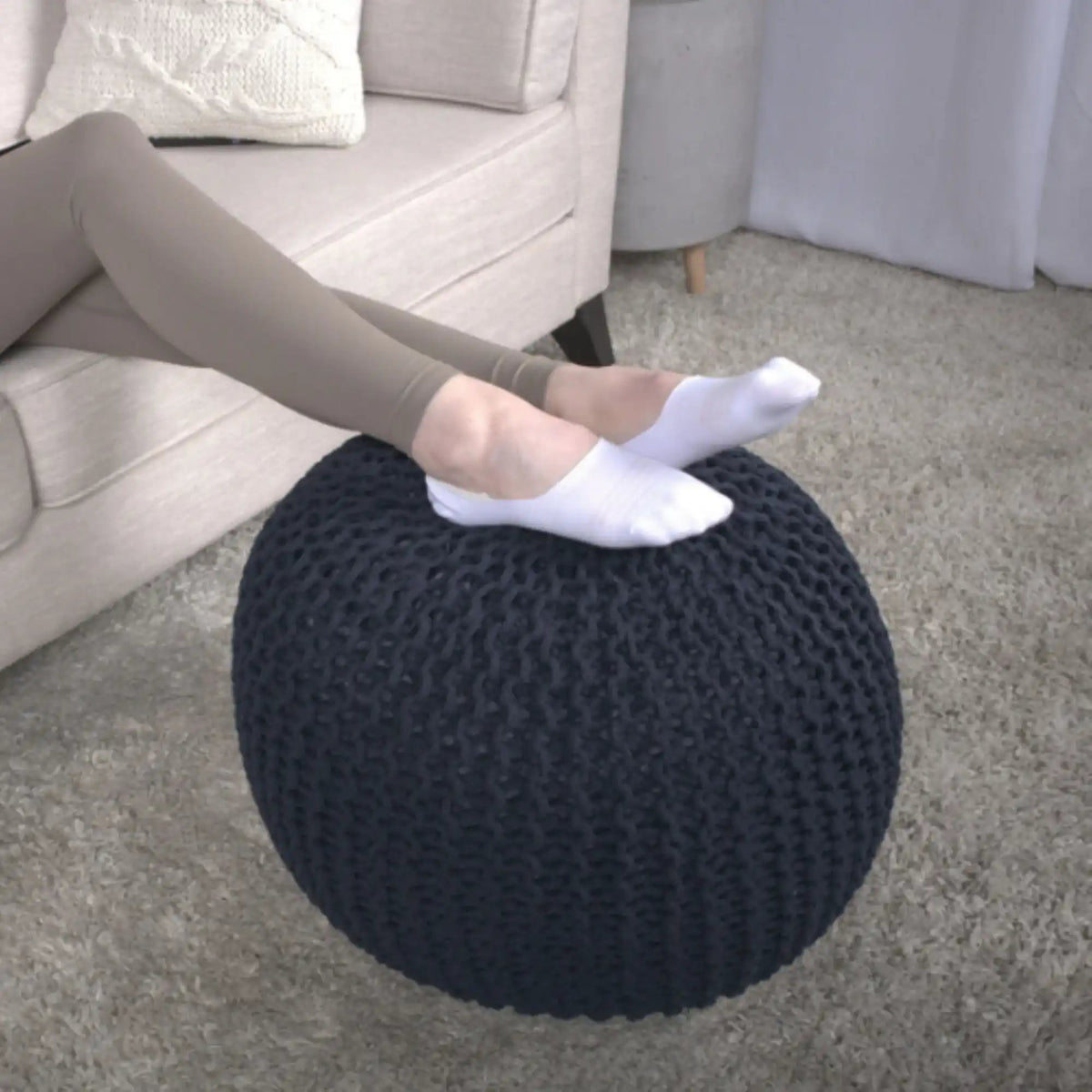 Luma Living Bordeaux Knitted Cotton Round Pouf Ottoman