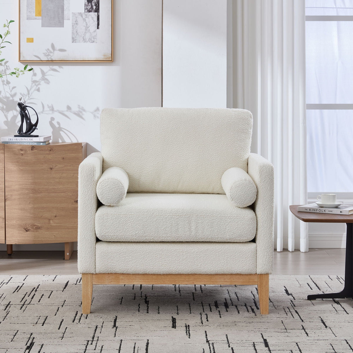 Aura Wide Modern Accent Chair With Natural Wood Legs