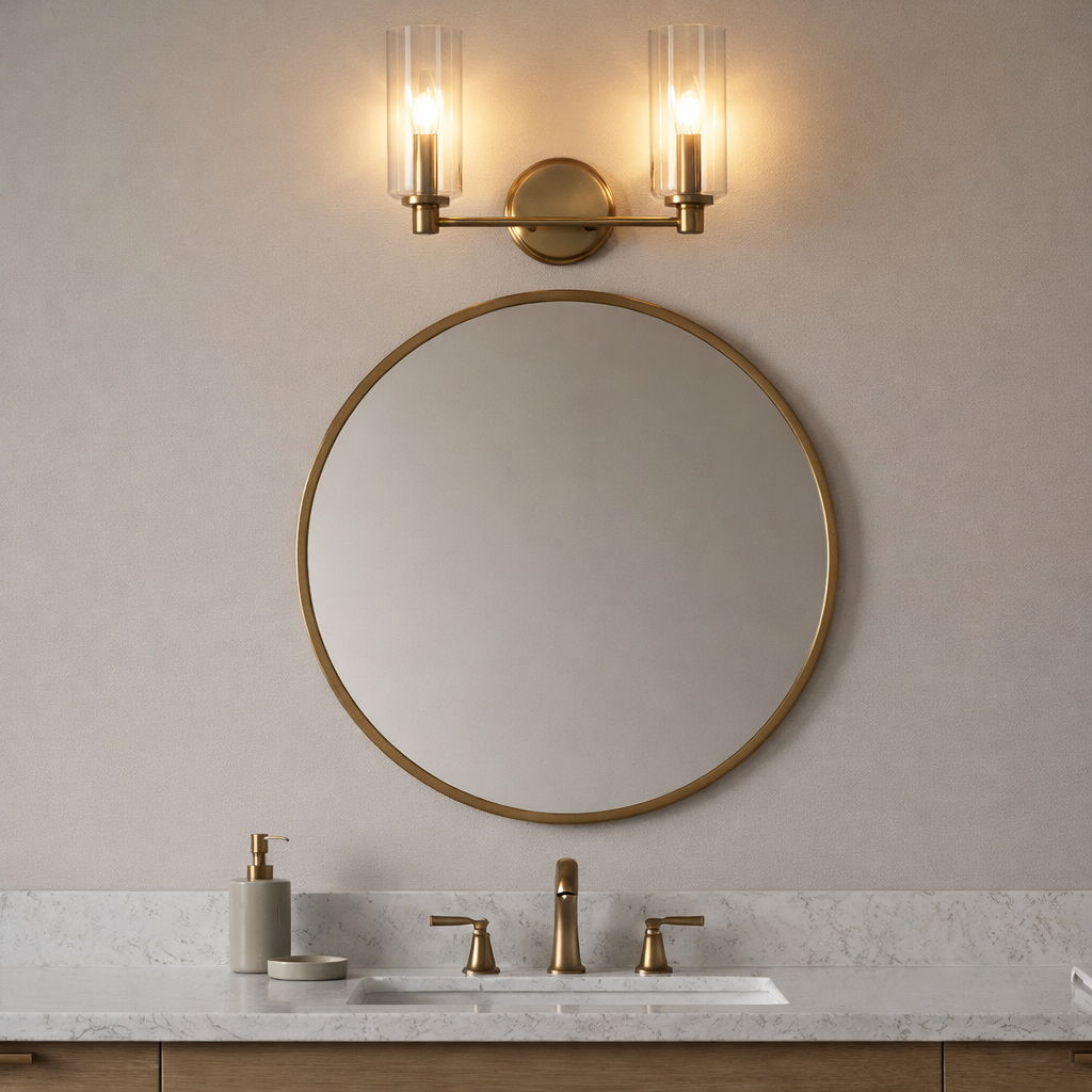 Regal Double Light Vanity In Antique Brass With Clear Ribbed Satin