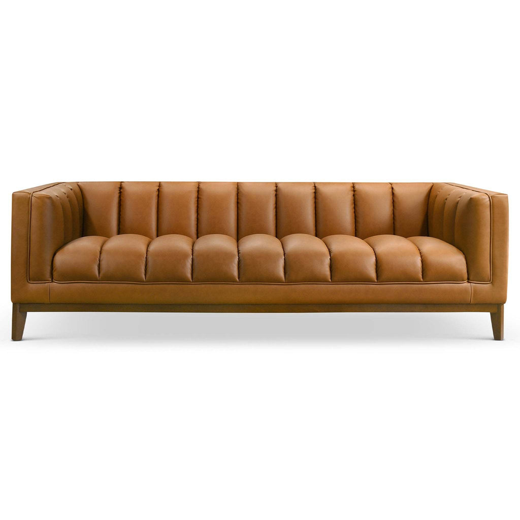 Melissa Modern Channel Tufted Cognac Vegan Leather Sofa
