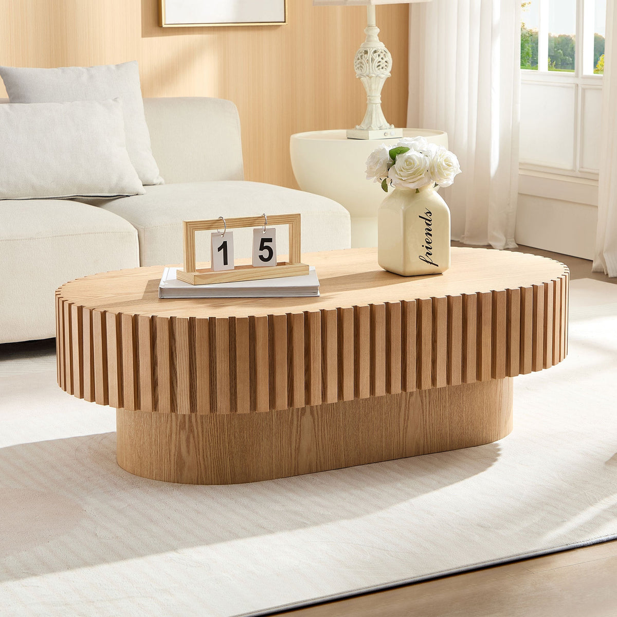 Modern Handcrafted Drum Coffee Table 43.7 Inch Oval Ash Veneer