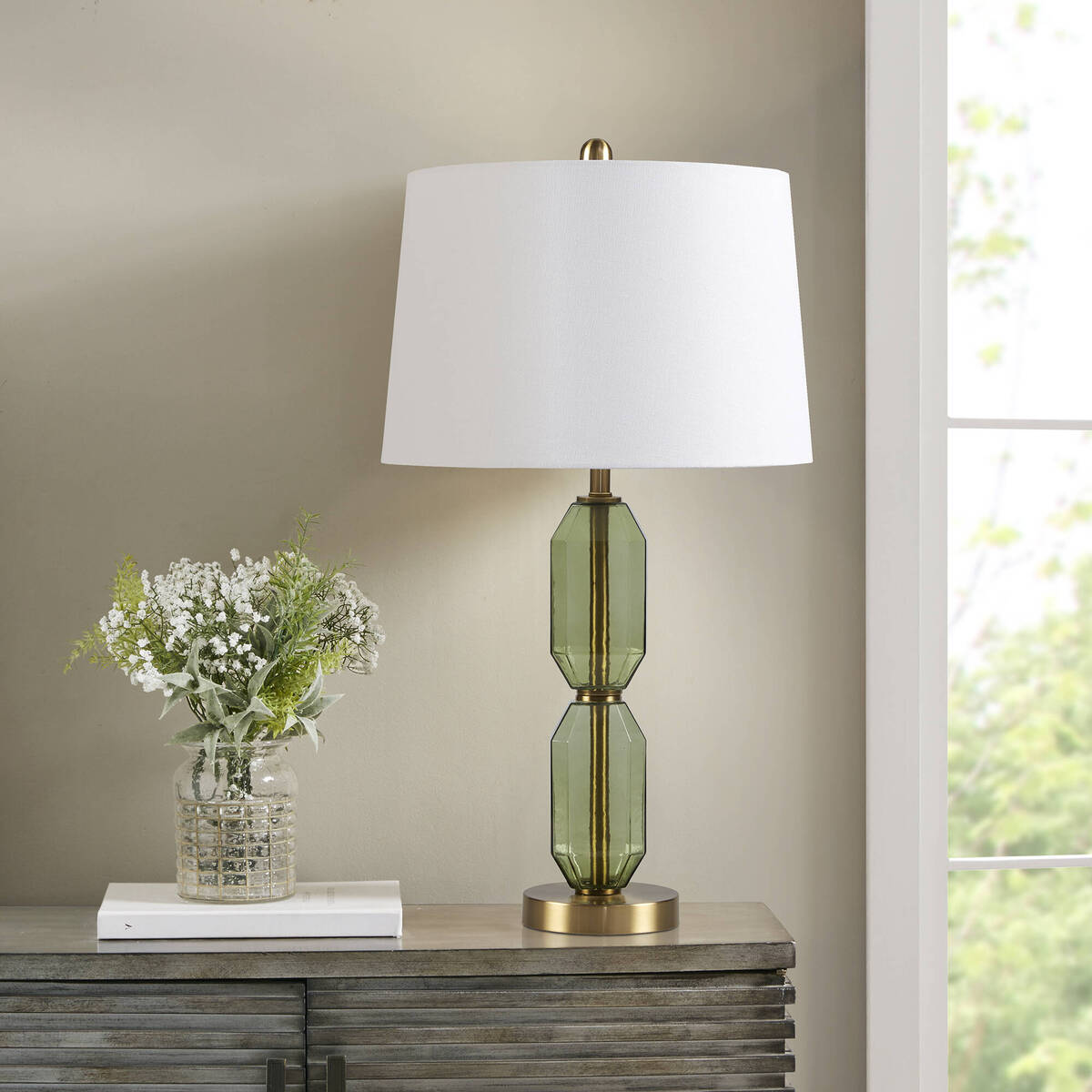 Aurelia Faceted Green Glass Table Lamp With Gold Base