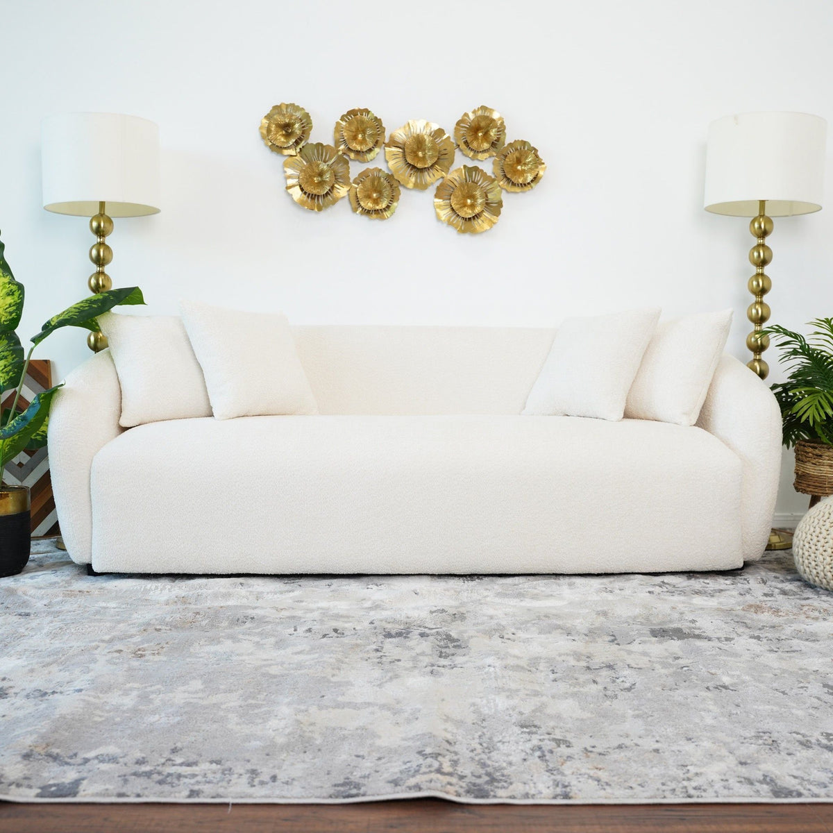 Linden Premium Mid Century Sofa Ivory Boucle Fabric