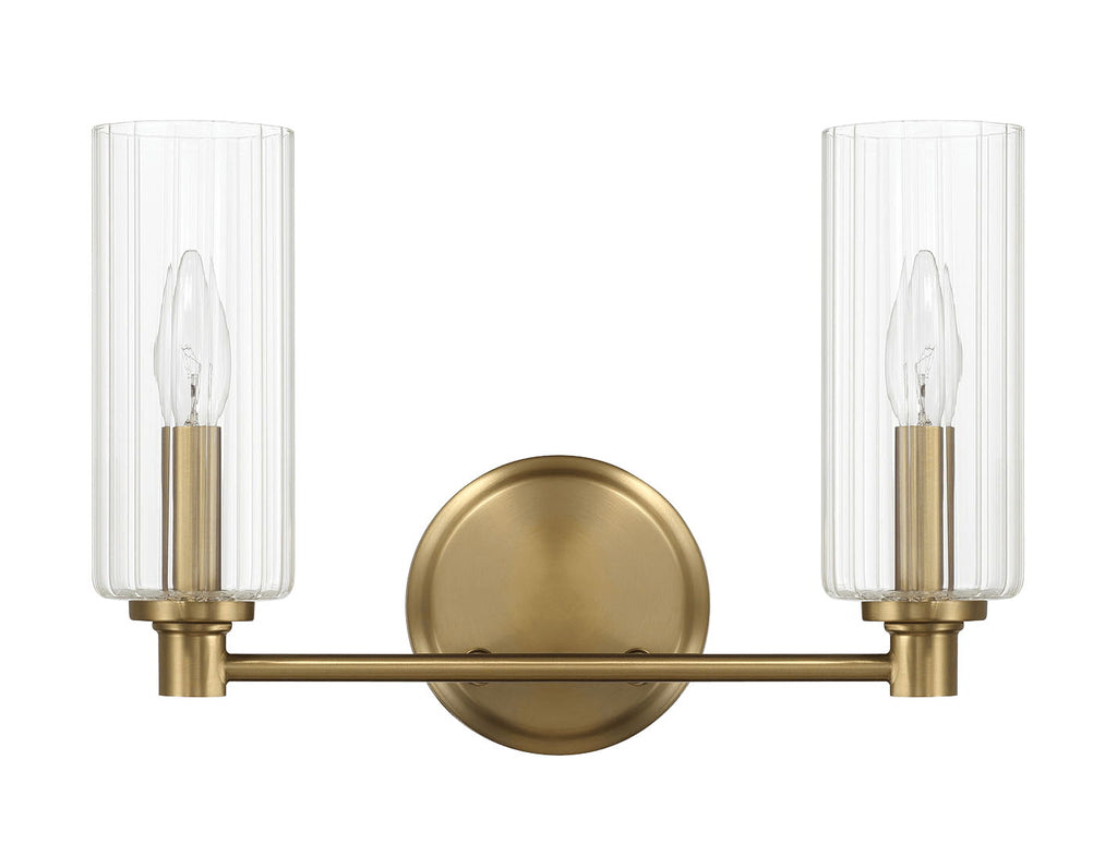 Regal Double Light Vanity In Antique Brass With Clear Ribbed Satin