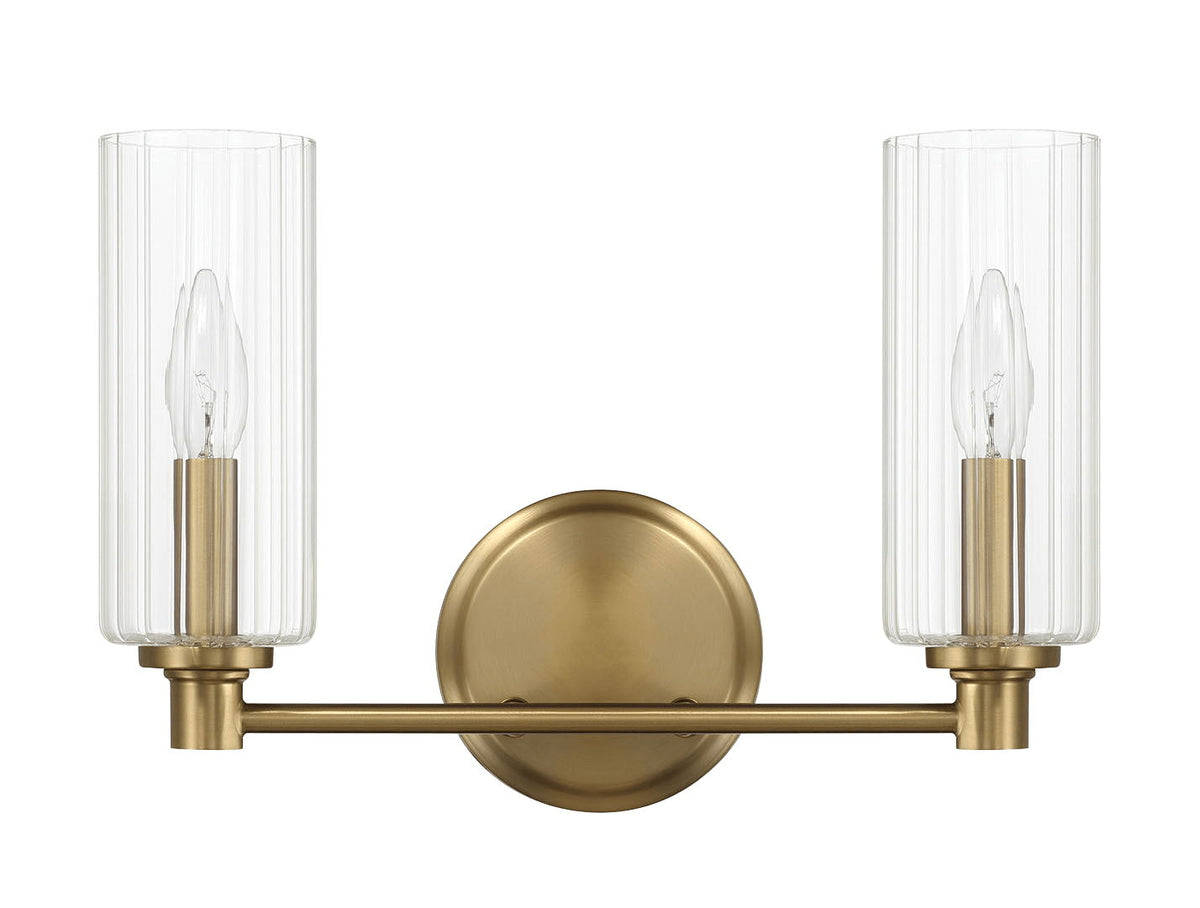 Regal Double Light Vanity In Antique Brass With Clear Ribbed Satin