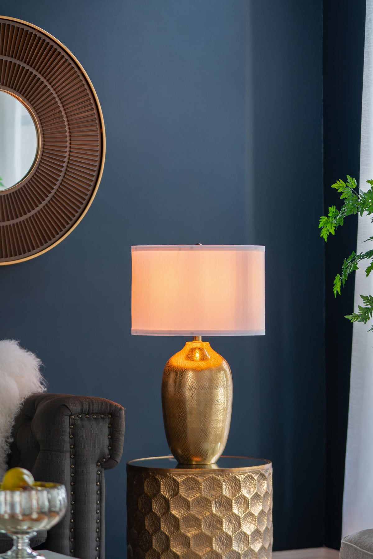 Velura Gold Aluminum Table Lamp With White Fabric Drum Shade