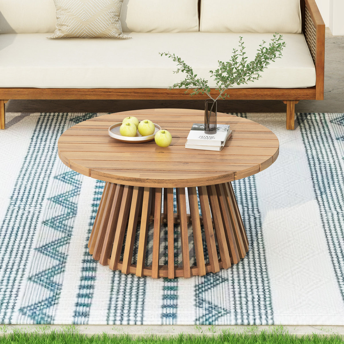 Aura Acacia Wood Patio Coffee Table With Layered Base
