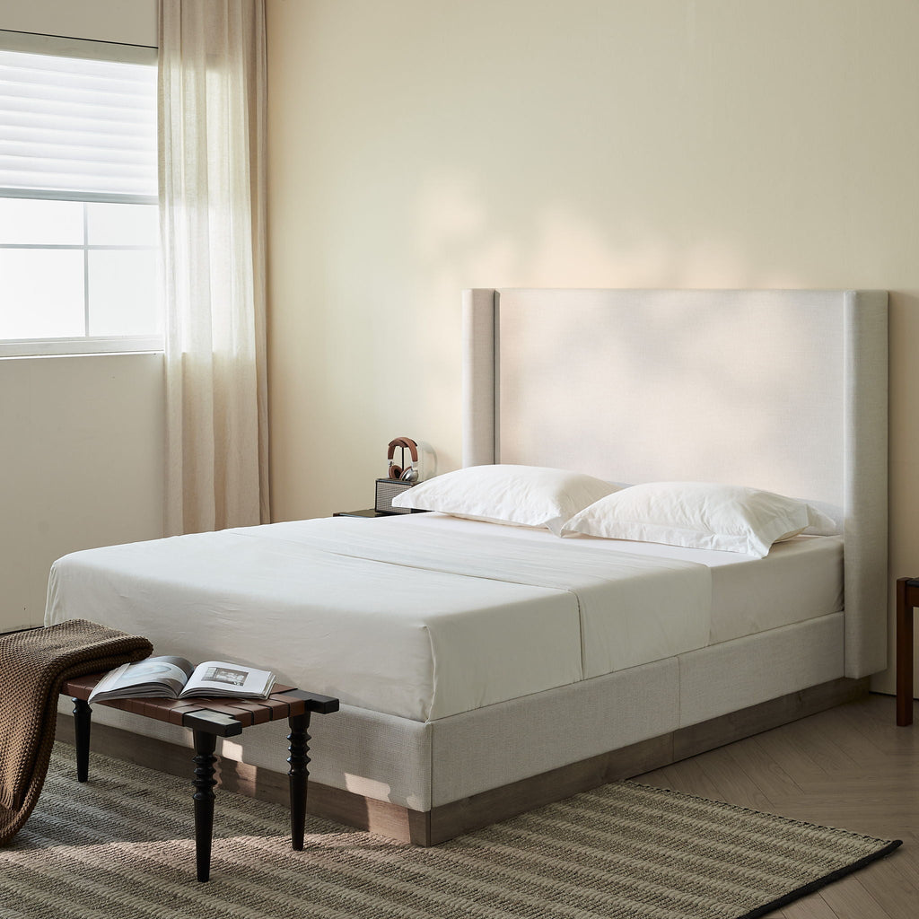 Hosford Minimalist Upholstered Wingback Bed With Rustic Wood Base