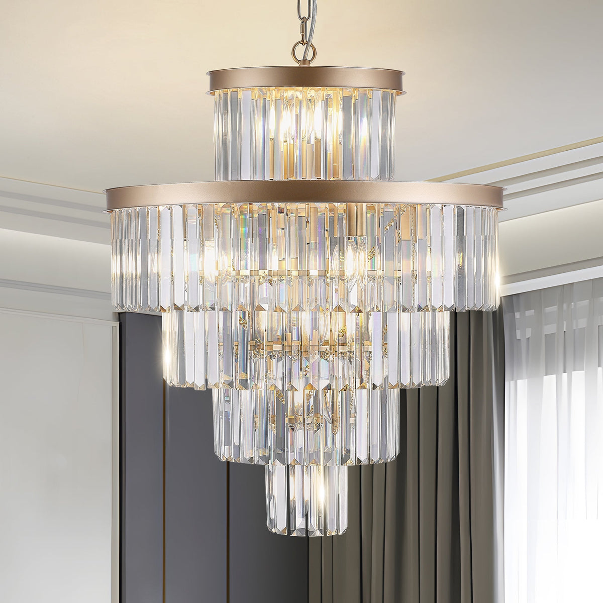Premium Golden K9 Five Tier Crystal Chandelier 23.6 Inches