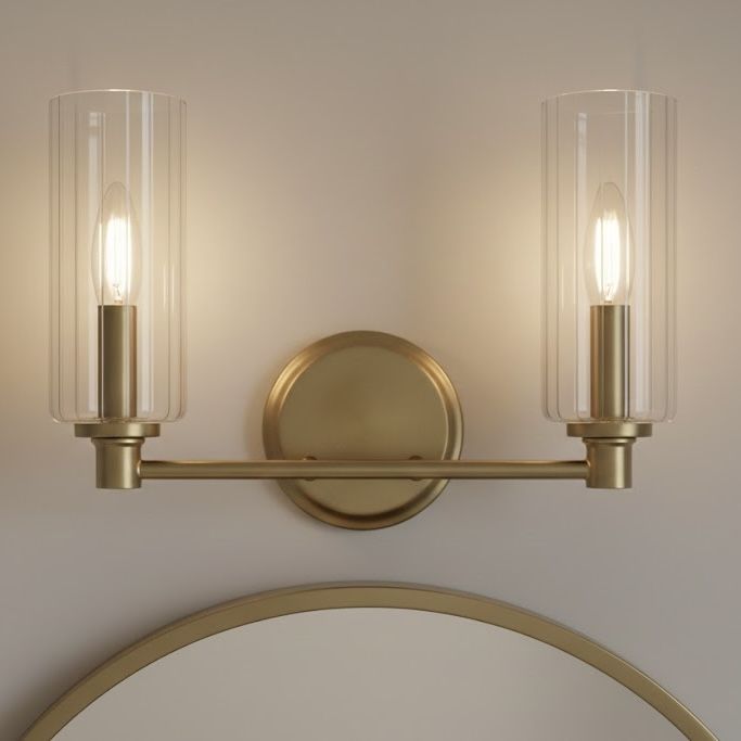 Regal Double Light Vanity In Antique Brass With Clear Ribbed Satin