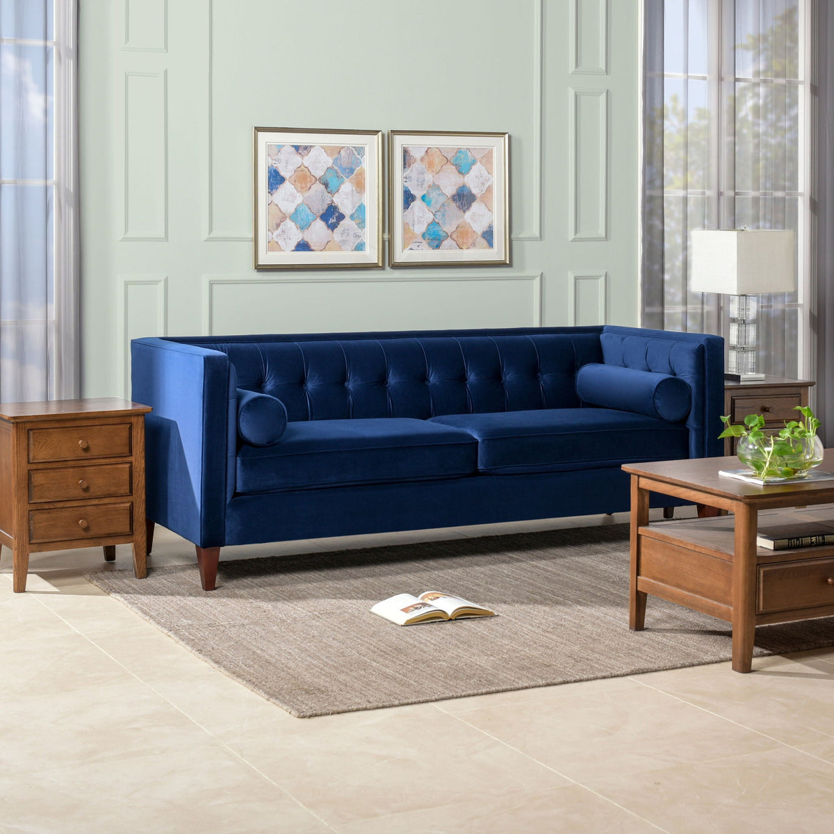 Elara Jack Tufted Tuxedo Sofa In Elegant Navy Blue