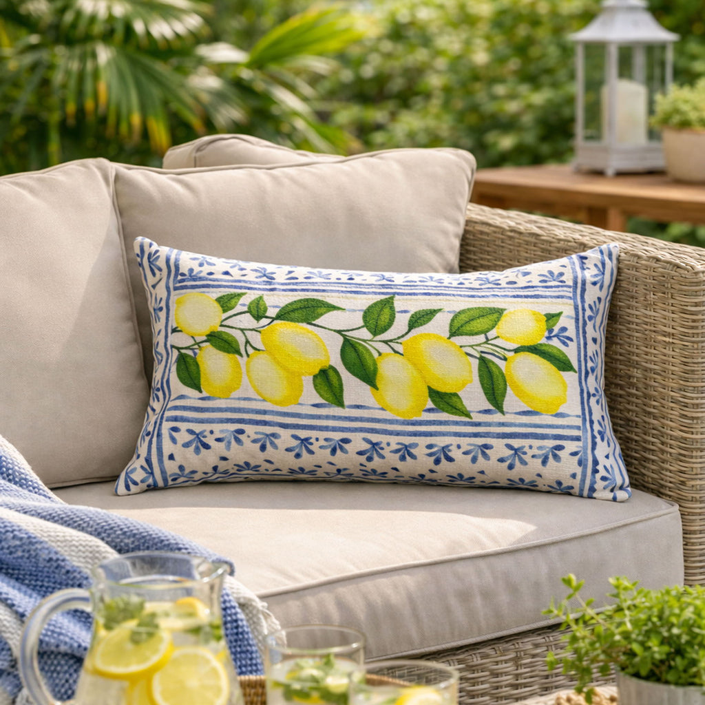Summer Fresh Outdoor Lumbar Pillow Lemon Multi Weather Resistant