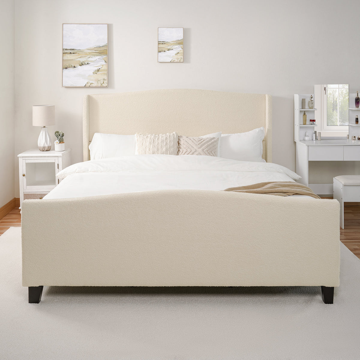Novara Plush King Bed Frame With Teddy Velvet Upholstery