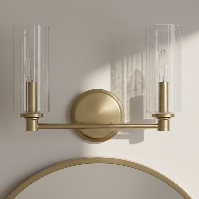 Regal Double Light Vanity In Antique Brass With Clear Ribbed Satin