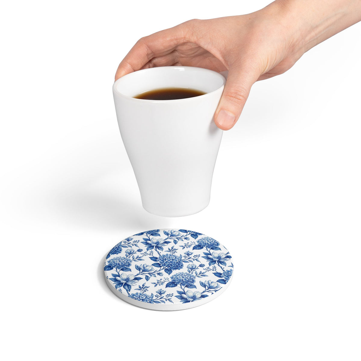 Blue Floral Ceramic Coaster – Vintage Hydrangea Pattern Cork-Back Drink Coaster